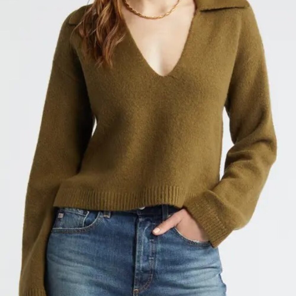 Open Edit Johnny Collar Boxy Crop Sweater
